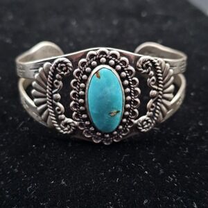 Vintage Turquoise Harvey Era Sterling Silver Navajo Cuff Bracelet Native America
